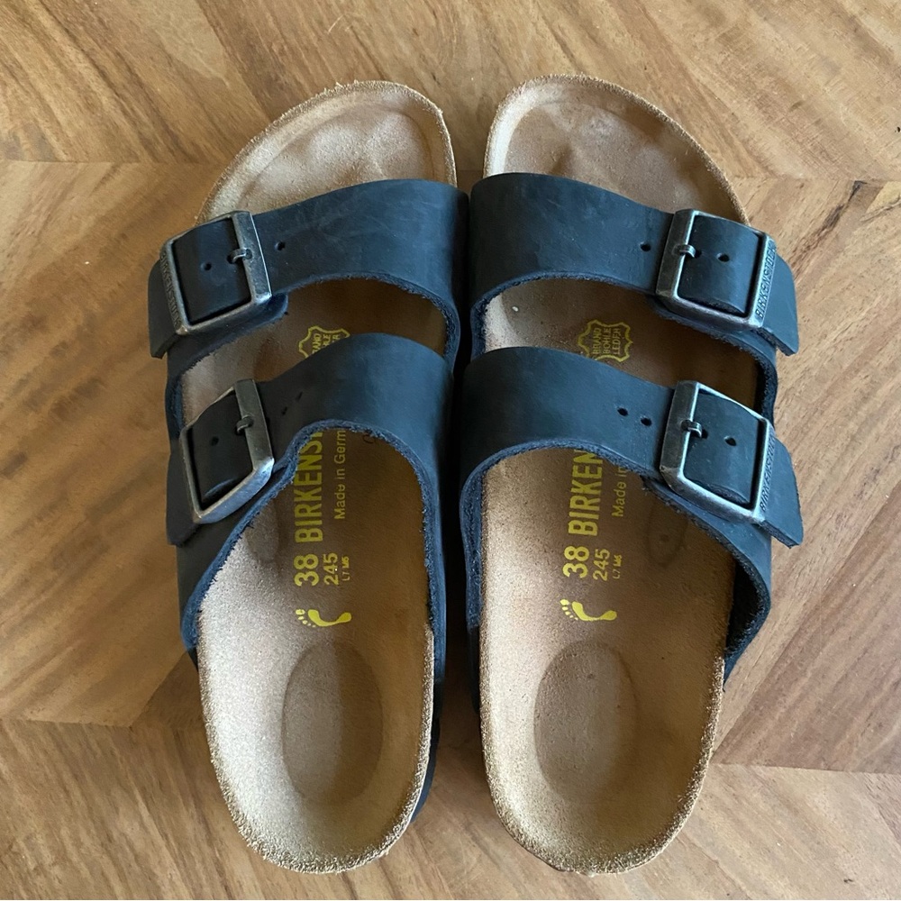 Birkenstock Arizona Black Leather 2-Strap Sandal, Size 38
